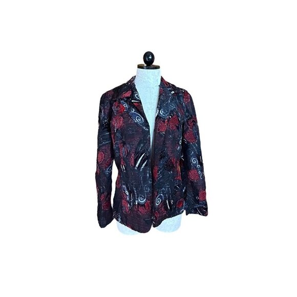 Chico's Printed Open Front Jacket Blazer Long Sleeve Black/Red 0 - Picture 1 of 7